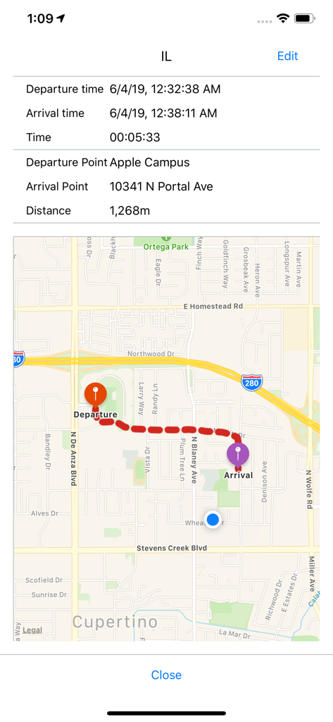 RouteNote app screen showing a tracked map route with distance and duration statistics