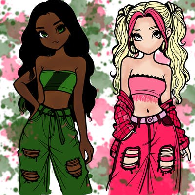 2 girls in crop tops and baggy jeans ripped