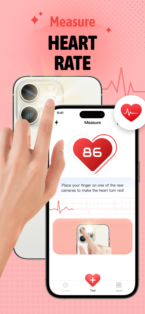 Daily Health-pulse heart track - Pantalla del iPhone mostrando la aplicación de medición de frecuencia cardíaca con un dedo colocado en el lente de la cámara para seguir el pulso.