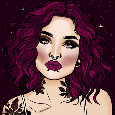 realistic woman with septum piercing and wavy hair and tattoos