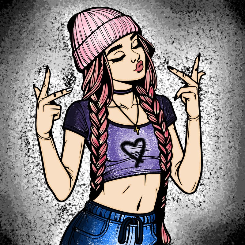 realistic teenage girl with braids and a beanie and crop top doing 🫶🏼