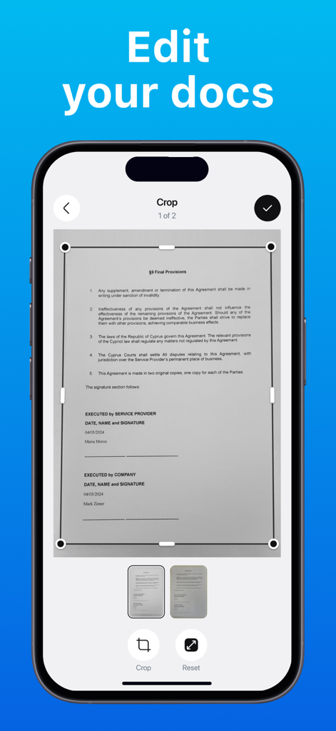 E-signature PDF: sign document - アプリ内でPDF書類をクロッピングしているスマートフォンを表示。