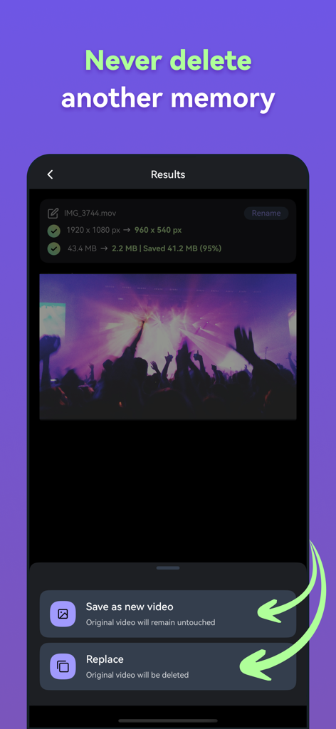 Screenshot of Panda Video Compressor app showing a 95 percent reduction in video file size with options to save as a new video or replace the original.