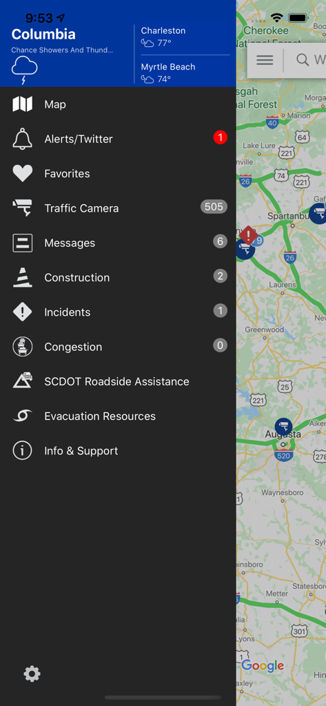 511 South Carolina Traffic - The navigation menu of the 511 South Carolina Traffic app featuring traffic cameras and weather alerts.