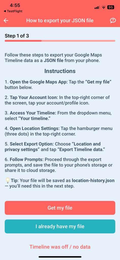 Instructions in the MileageWise app for exporting Google Maps Timeline data as a JSON file.