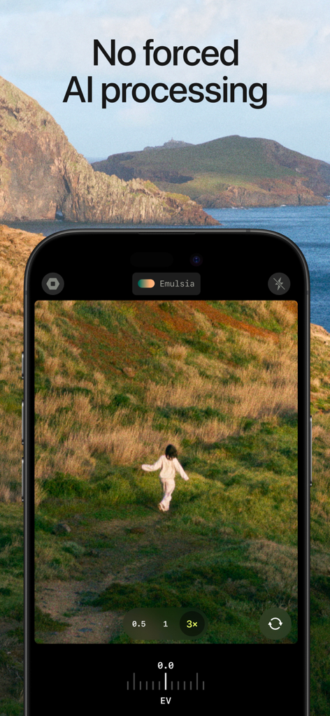 Lampa — Digital & Film Camera - iPhone screen displaying the Lampa camera app interface with a film-style photo of a person in a field and text stating no forced AI processing