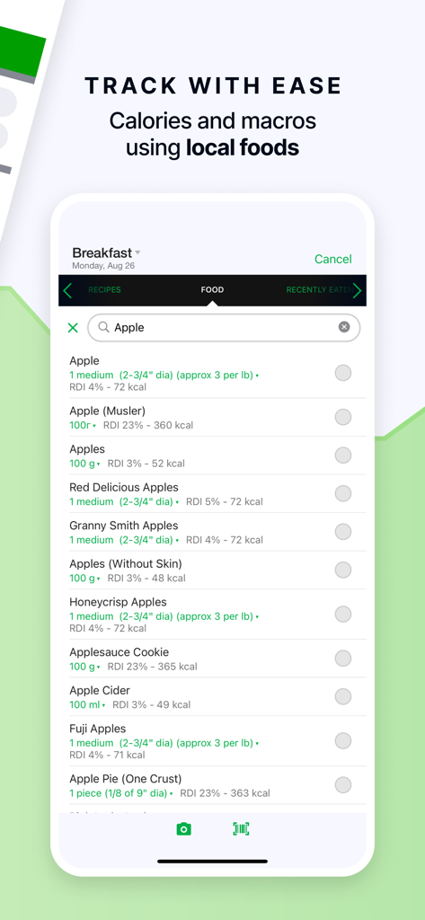 Screenshot of the Calorie Counter by fatsecret app food search interface showing a list of apple varieties and nutritional data