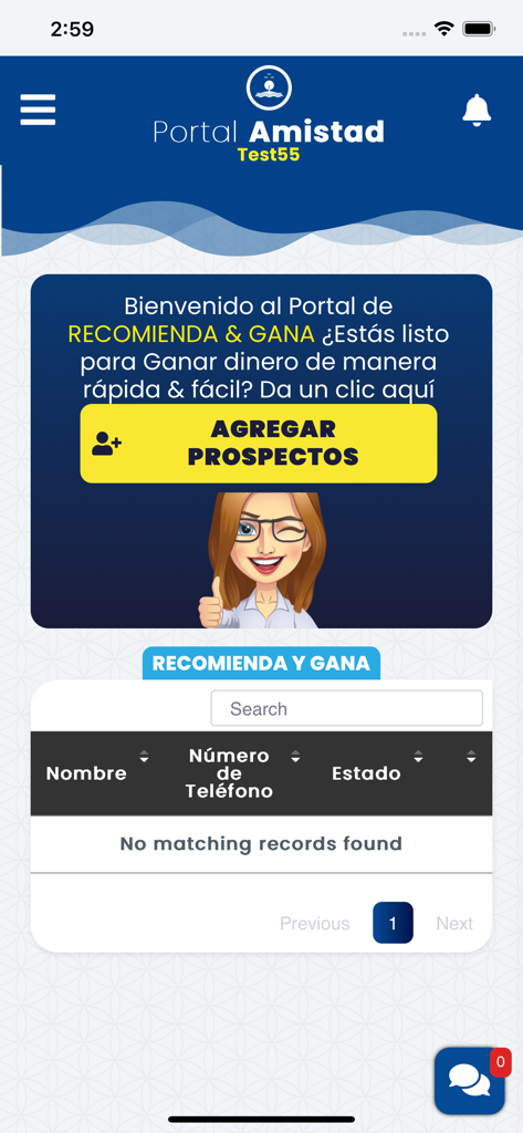 Amistad Bienes Raíces - Refer and Earn portal in the Amistad Bienes Raíces mobile app with a button to add prospects.