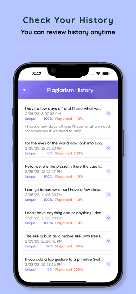 Panel de historial de plagio que muestra fechas de escaneo y porcentajes de originalidad