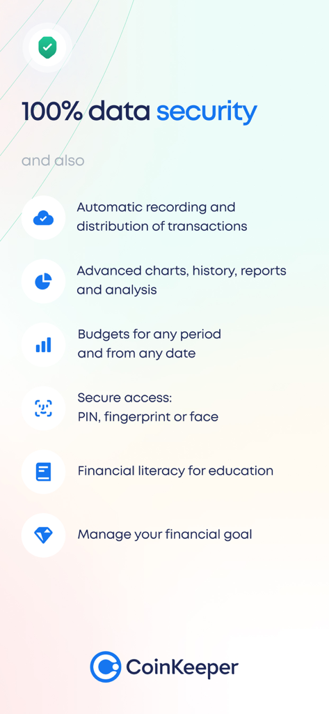 CoinKeeper 3 - money manager - CoinKeeper 3の画面。データセキュリティ、自動取引記録、高度なチャート、財務目標管理などの機能が表示されています。