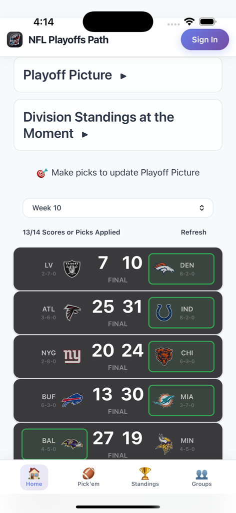 Playoff Path Football - NFL game scores and picks for Week 10 on the Playoff Path Football app