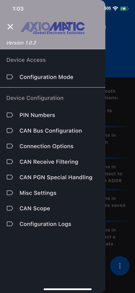 CAN2BLE Configuration - The CAN2BLE Configuration app side menu showing various technical configuration options like PIN numbers and CAN bus settings.