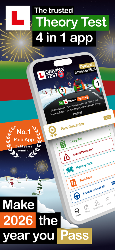 Main screen of the Driving Theory Test 4 in 1 Kit app showing theory test, hazard perception, and highway code features