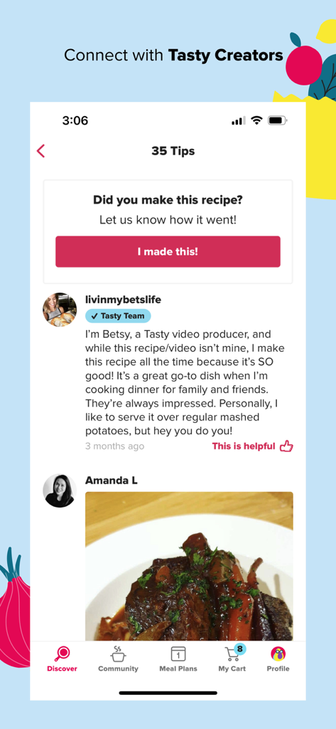Tasty: Recipes, Cooking Videos - Tastyアプリのコミュニティセクション。レシピのヒントやユーザーの写真が表示されています。