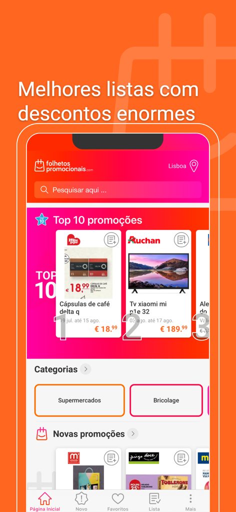 Folhetos Promocionais Portugal - Écran d'accueil de l'application Folhetos Promocionais Portugal montrant les 10 meilleures promotions et les catégories d'achats comme les supermarchés et le bricolage