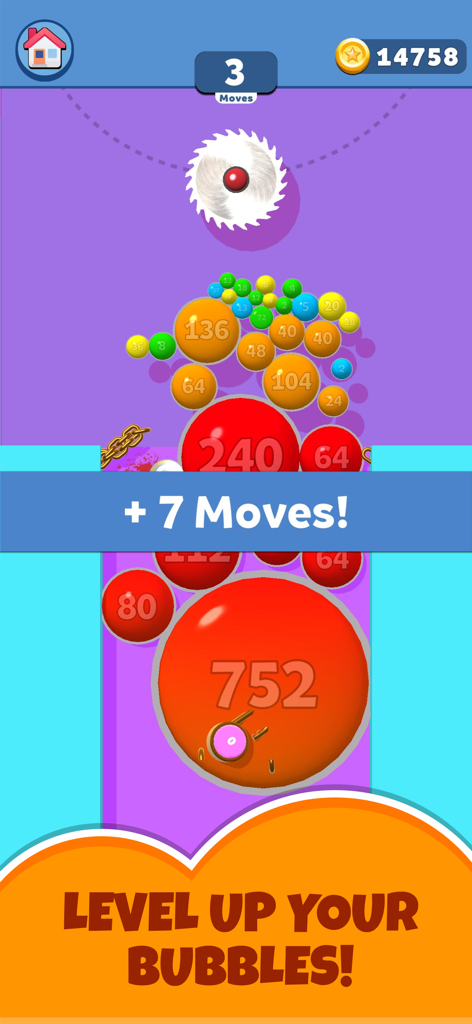 Puff Up - Puff Up 게임 플레이에서 크고 숫자가 적힌 빨간 풍선과 회전하는 톱날 표시