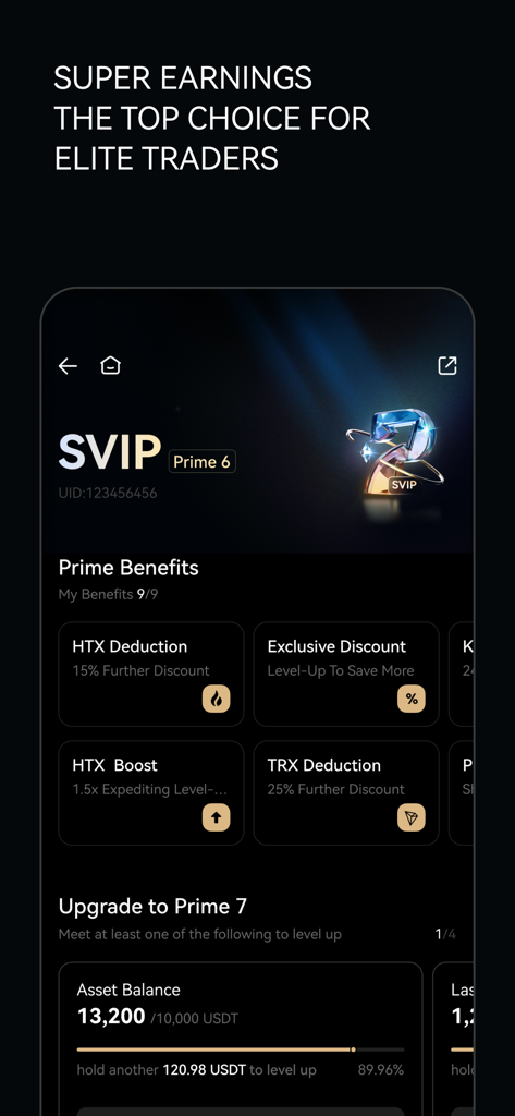 Pantalla de estado SVIP de la aplicación HTX que muestra los beneficios Prime y recompensas para traders de criptomonedas de alto volumen