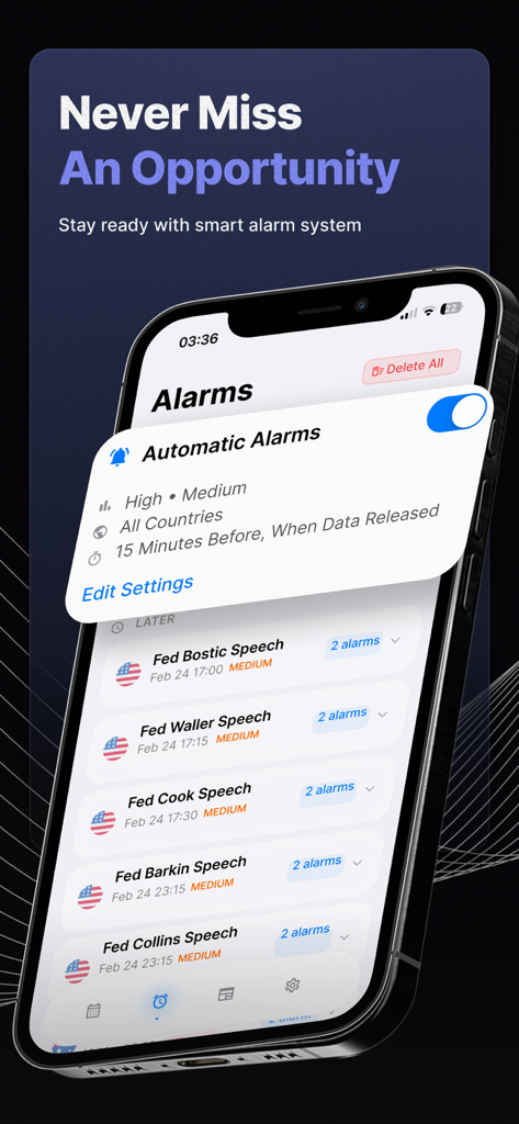 Economic Calendar: Market News - Smart trading alarms and economic event alerts on a mobile app interface