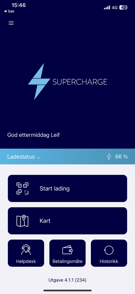 Supercharge - Home screen of the Supercharge app displaying EV charging status and navigation buttons