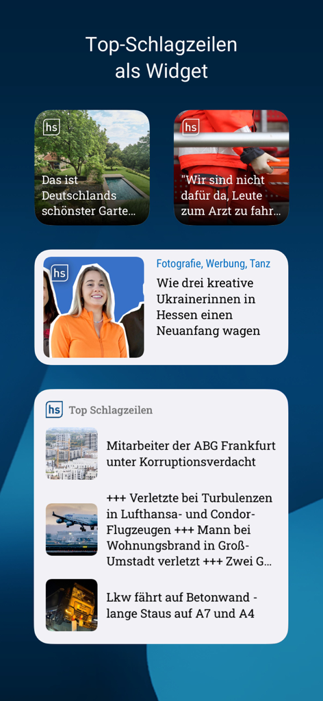 Exemples de widgets d'actualités de différentes tailles pour l'application hessenschau affichant des titres et des images allemandes locales sur un écran d'accueil mobile.
