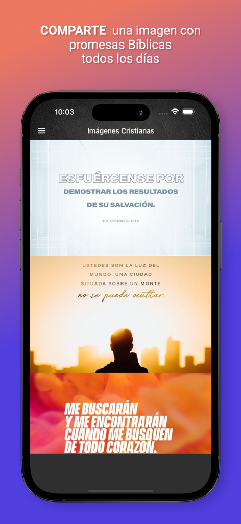 Biblia Cristiana Evangélica - Interfaz de la aplicación Biblia Cristiana Evangélica mostrando una colección de imágenes con versículos bíblicos para compartir.