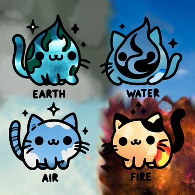 4 cats that represent the different elements, earth, water, air, and fire