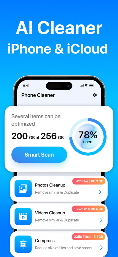 Safe Cleaner app dashboard for iPhone showing storage usage and smart scan options