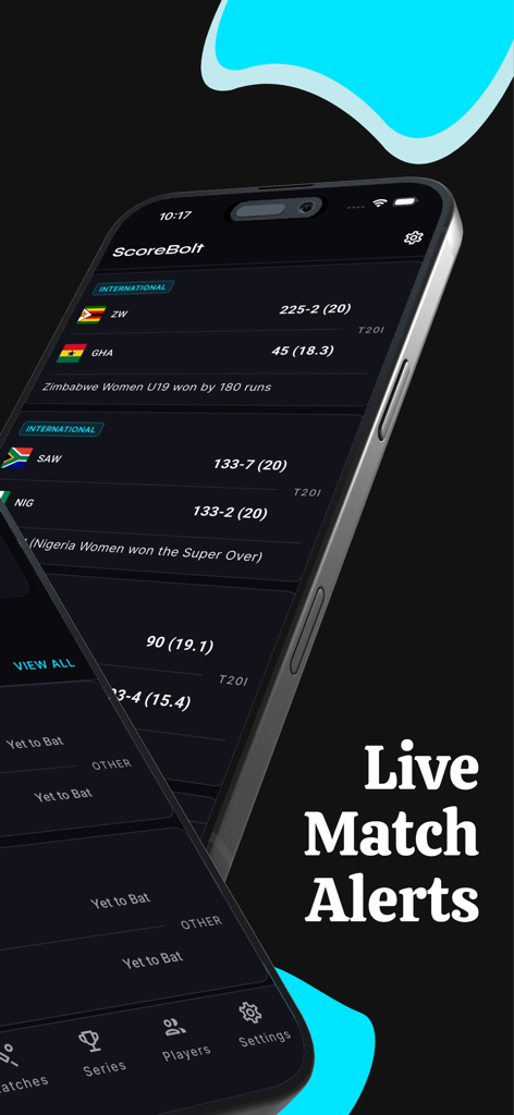 Interfaz de la aplicación CrickTrack mostrando marcadores de partidos de cricket en vivo y alertas en modo oscuro