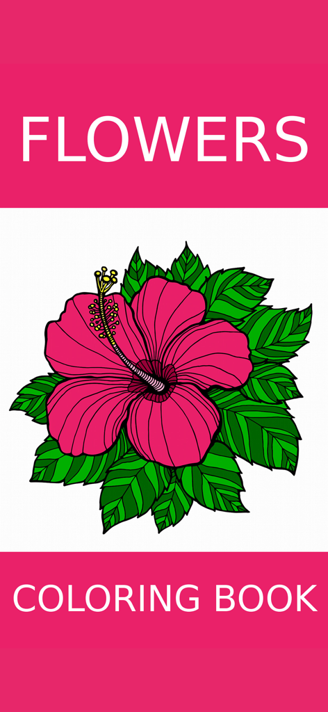 Splash screen of the Flowers Adult Coloring Book app featuring a vibrant pink hibiscus flower with green leaves