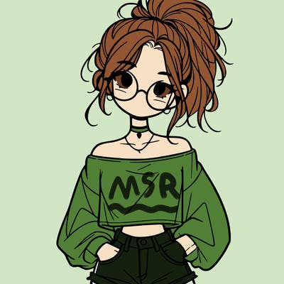 girl with a messy ponytail glasses a baggy crop top and jean shorts