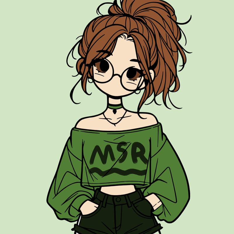 girl with a messy ponytail glasses a baggy crop top and jean shorts