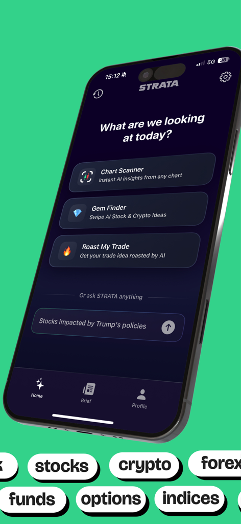 STRATA mobile app home screen showing AI trading tools like Chart Scanner and Gem Finder on an iPhone
