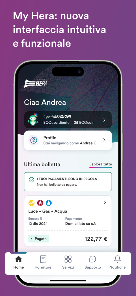 My Heraモバイルアプリのホーム画面、ユーティリティ請求書のステータスとサステナビリティ報酬プログラムを表示