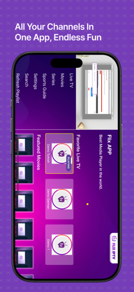 Flix IPTV – m3u IPTV Player - Flix IPTV app interface showing favorite live TV channels and featured movies