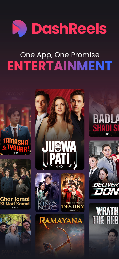 DashReels app promotional screen displaying a variety of short film and drama posters