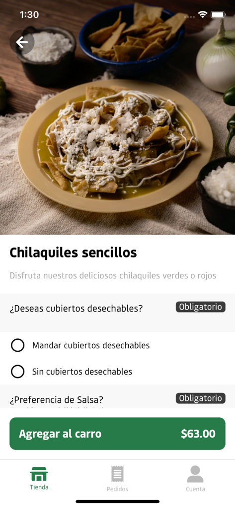 Ordenando Chilaquiles Sencillos en la aplicación móvil La Casa de Tono