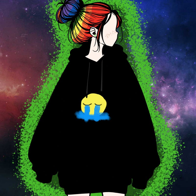 realistic girl with a oversized sweatshirt on and a bun