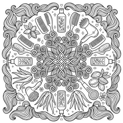 Celebrate the beauty of textured hair with this intricate mandala coloring page. Featuring stylized curls, natural ingredients, and haircare tools, it's perfect for a relaxing and creative session.