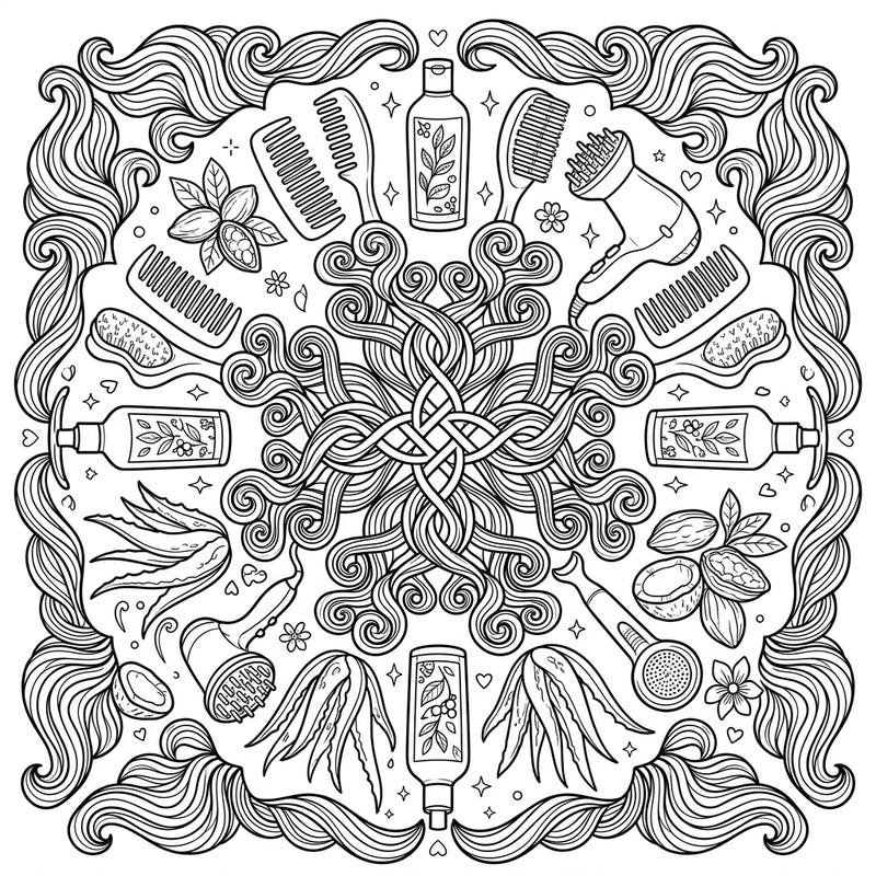 Celebrate the beauty of textured hair with this intricate mandala coloring page. Featuring stylized curls, natural ingredients, and haircare tools, it's perfect for a relaxing and creative session.