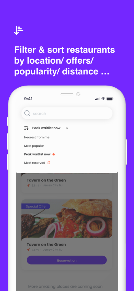 Minitable - Minitable mobile app interface showing restaurant sorting options like nearest and most popular