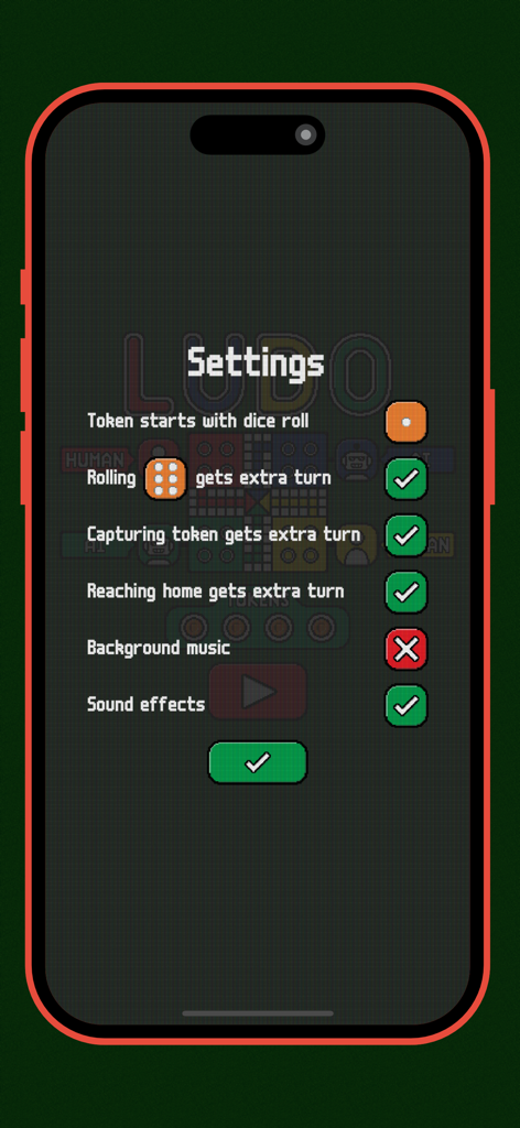 La pantalla de configuración de Ludo Classic King mostrando reglas de juego personalizables y opciones de sonido.