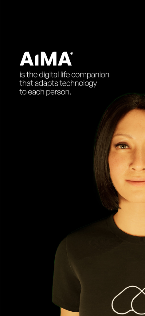 Retrato de AiMA, la compañera humana digital, sobre un fondo negro