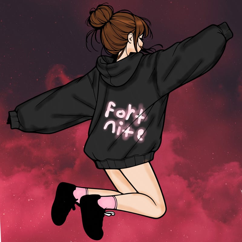 realistic girl jumping with a bun and oversized sweatshirt