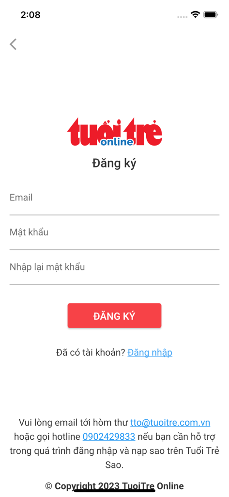 Tuoi Tre Online registration screen with email and password fields