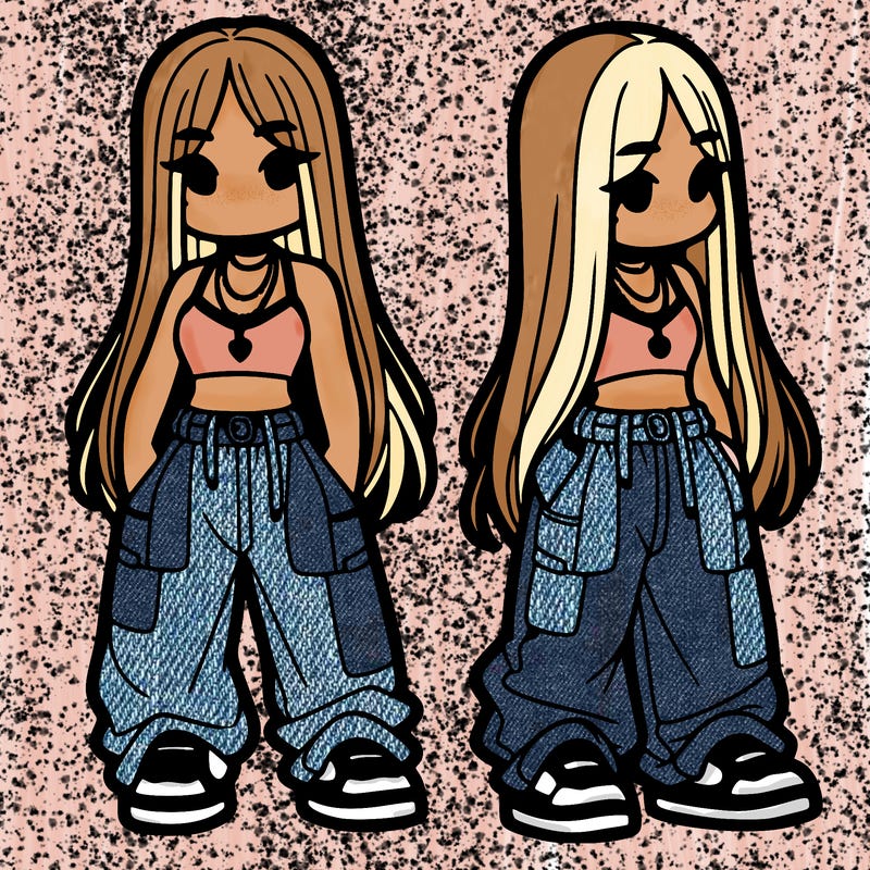 girl in baggy pants crop top and long hair