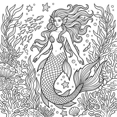 Embark on an artistic journey beneath the waves with this captivating Merfolk coloring page, featuring a graceful mythical creature in a richly detailed underwater world. This intricate design is perfect for those who love fantasy and the mysteries of the deep sea.