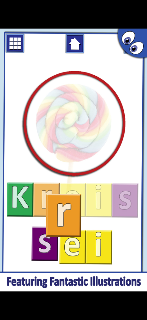 Italian First Words Lite - Educational spelling activity for children featuring a lollipop illustration and colorful letter blocks