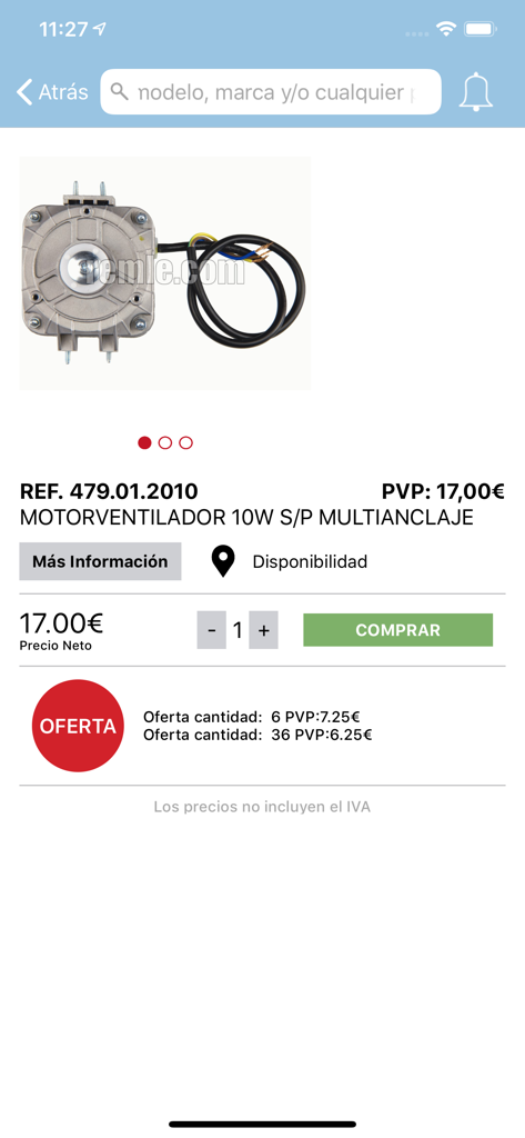 Product page in the REMLE app showing a fan motor with technical reference and price details