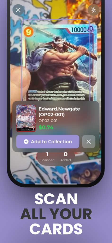 Nika TCG - Nika TCG app interface scanning a One Piece card showing market price and add to collection button