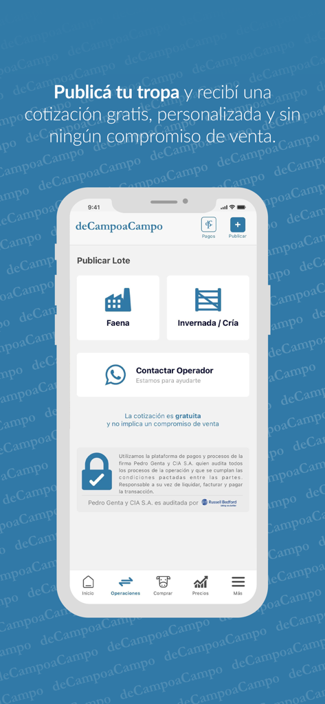 deCampoaCampo - Benutzeroberfläche der deCampoaCampo-App, die Optionen zum Veröffentlichen eines Viehbestands für Schlachtung oder Zucht mit einem kostenlosen Angebotsangebot anzeigt.